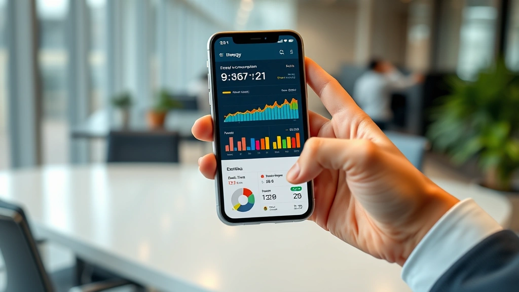 Close-up of professional hands holding smartphone displaying energy consumption analytics dashboard with colorful charts and real-time utility usage data in modern office setting