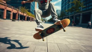 Professional male skateboarder performing technical street trick on urban concrete plaza wearing Emerica shoes and branded clothing, captured mid-air with dynamic motion blur and natural daylight