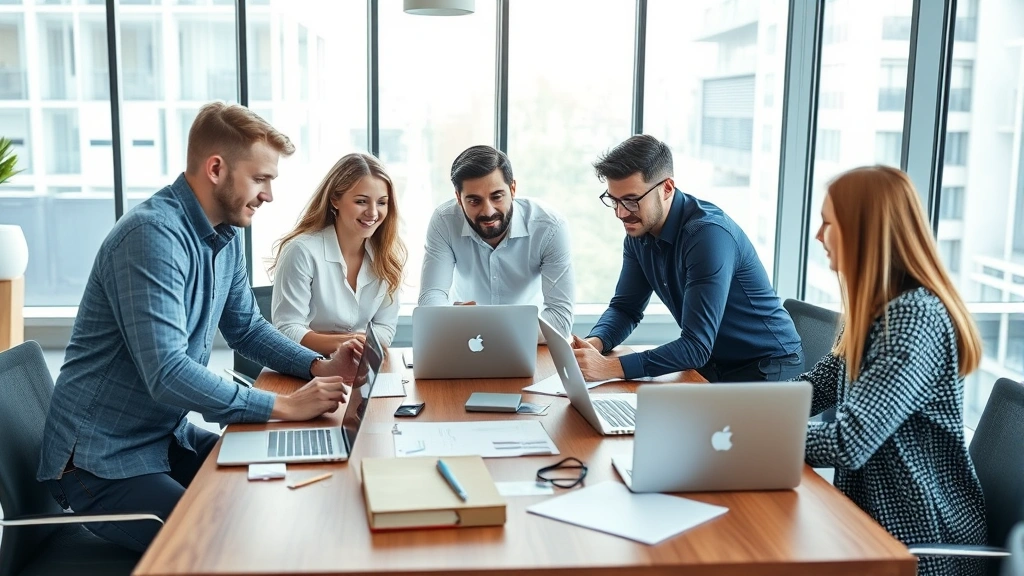 Corporate office environment with young team members collaborating at modern wooden table with laptops and design materials, natural lighting from large windows, representing innovation and teamwork