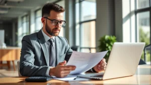 Professional businessman reviewing insurance documents at modern office desk with laptop and calculator, natural lighting, focused expression, corporate environment
