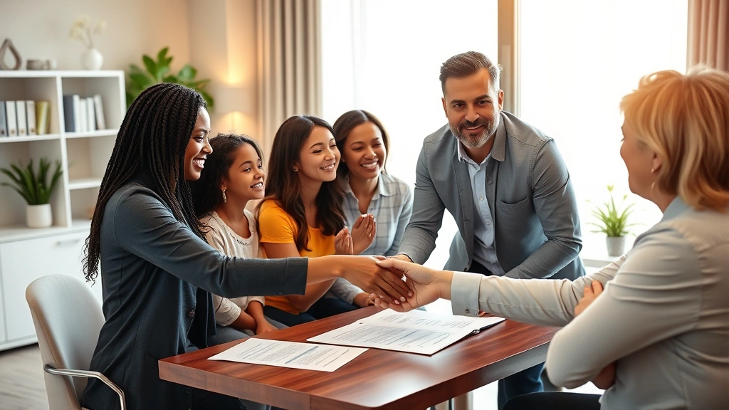 Diverse family discussing insurance coverage with professional agent in contemporary office setting, warm lighting, documents on table, handshake gesture