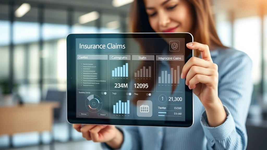 Digital insurance claims process visualization on tablet screen, modern office background, professional woman reviewing claim status, technology-focused imagery