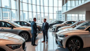 Modern automotive dealership showroom with luxury vehicles, professional sales representatives in business attire consulting with customers, contemporary glass architecture with natural lighting, UAE urban environment visible through windows