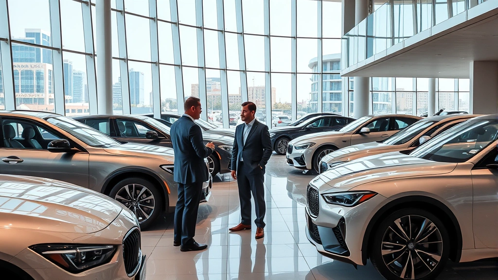 Modern automotive dealership showroom with luxury vehicles, professional sales representatives in business attire consulting with customers, contemporary glass architecture with natural lighting, UAE urban environment visible through windows