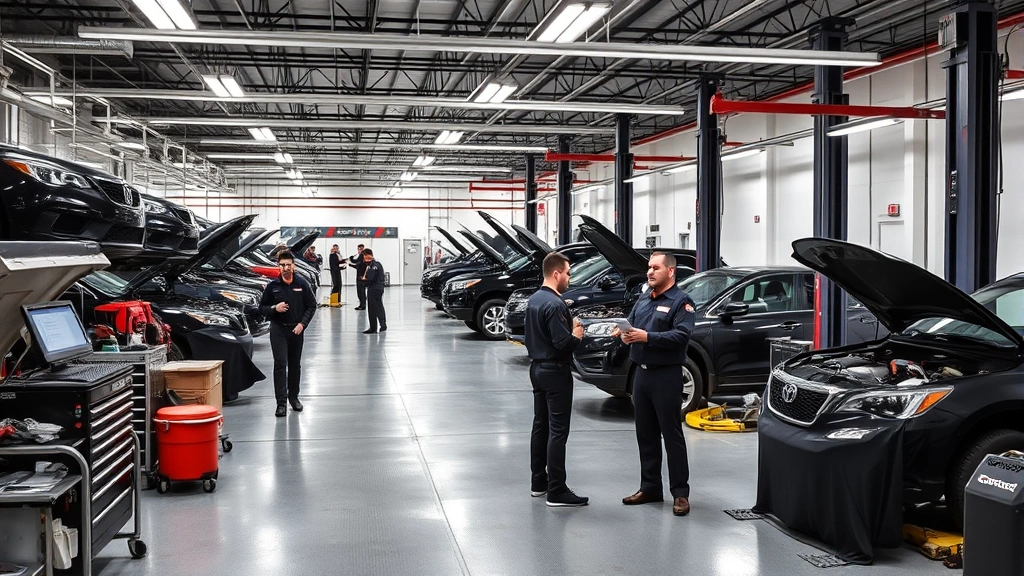 State-of-the-art vehicle service center with advanced diagnostic equipment, trained technicians performing maintenance on vehicles, clean industrial facility with organized tool stations and vehicle lifts, professional workforce in uniforms