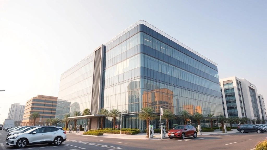 Corporate headquarters building in Dubai or Abu Dhabi, modern architecture with sustainable design elements, electric vehicle charging stations visible in parking area, business district surroundings, professional corporate environment