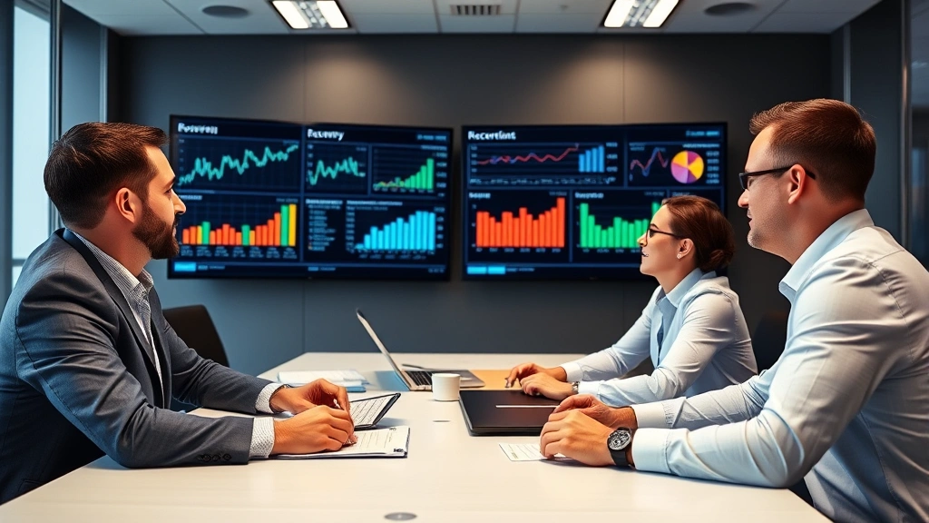 Business executives in modern conference room reviewing financial dashboards on large screens, analyzing recovery metrics and performance data, professional attire, focused expressions, collaborative atmosphere