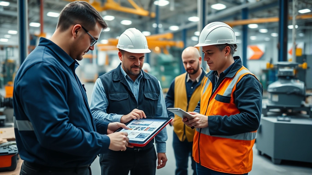 Corporate team implementing operational improvements on factory floor, reviewing process workflows with digital tablet technology, supervisors and workers engaged in continuous improvement discussion, industrial setting