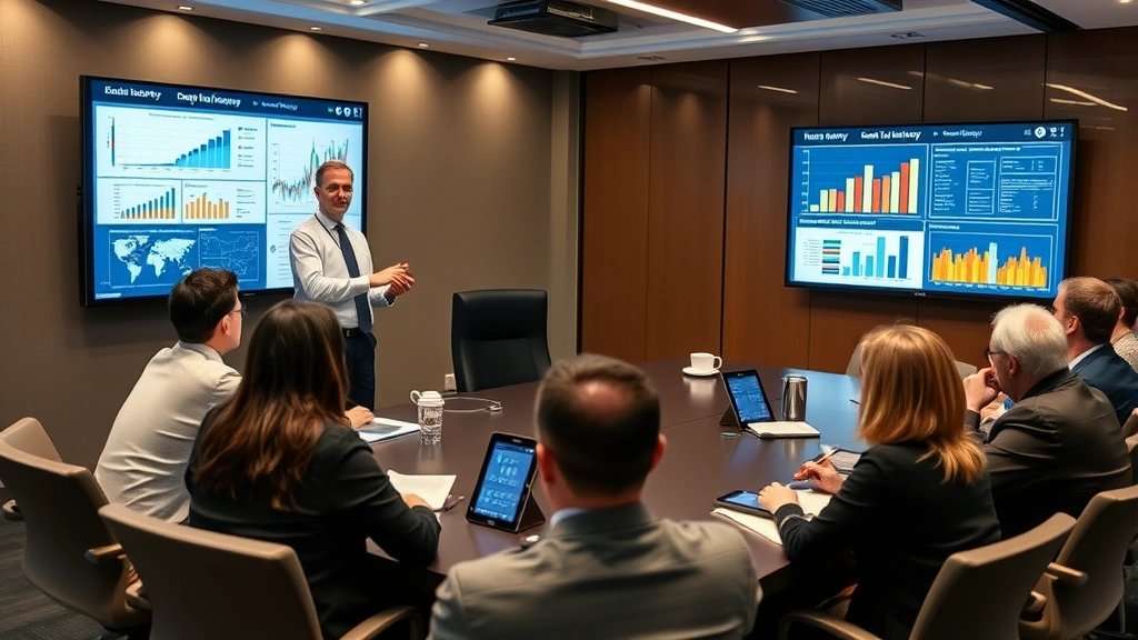 Senior management presenting recovery strategy to diverse stakeholder group in corporate boardroom, data visualizations on screens, confident presentation, mixed audience showing engagement and note-taking