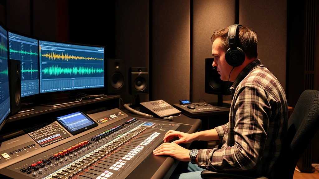 Music producer and sound engineer working at professional studio mixing console with audio equipment, focused concentration, colorful waveforms on monitors, creative workspace environment