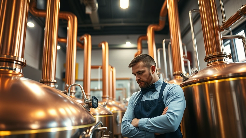 Professional brewery master inspecting copper brewing kettles in modern craft brewery facility, warm lighting highlighting equipment craftsmanship and quality control processes