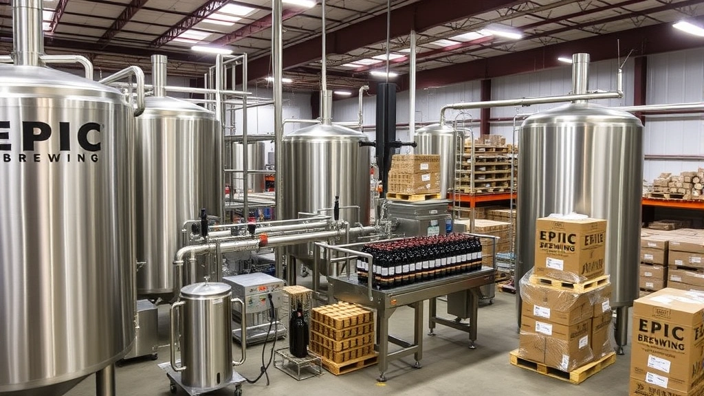 Epic Brewing production facility with stainless steel tanks, bottling line equipment, and organized warehouse space demonstrating operational scale and quality management infrastructure
