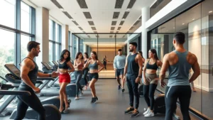 Professional luxury fitness club interior with modern architecture, glass partitions, state-of-the-art equipment, bright lighting, affluent diverse members in premium workout attire, sophisticated locker room or spa area visible, emphasizing premium wellness environment