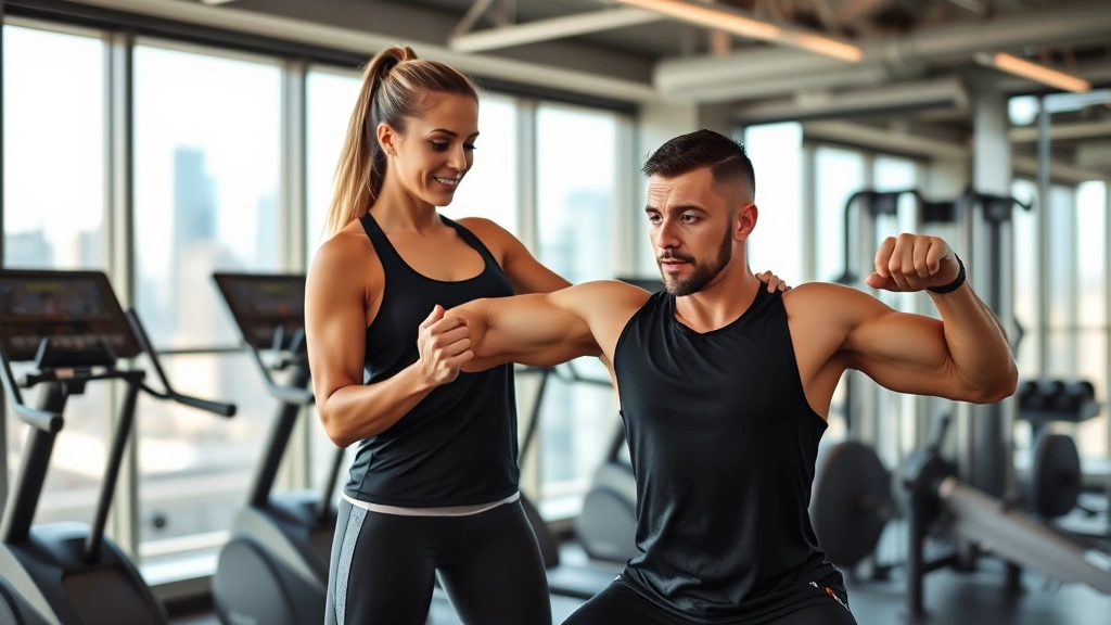 Confident female personal trainer in premium fitness setting working with male client on strength training, modern gym equipment visible, floor-to-ceiling windows showing city skyline, professional athletic wear, demonstrating technique and expertise in upscale club environment