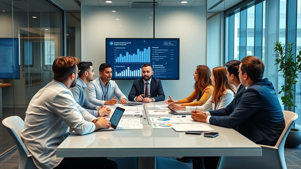 Corporate team meeting in modern glass-walled conference room with diverse professionals reviewing performance metrics and strategic plans on digital displays, fitness industry leadership discussing growth strategy and member experience innovation