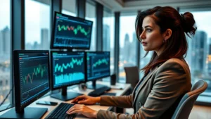 Professional female CEO in modern office reviewing equity market data on multiple screens, serious focused expression, corporate attire, contemporary workspace with city skyline visible through windows