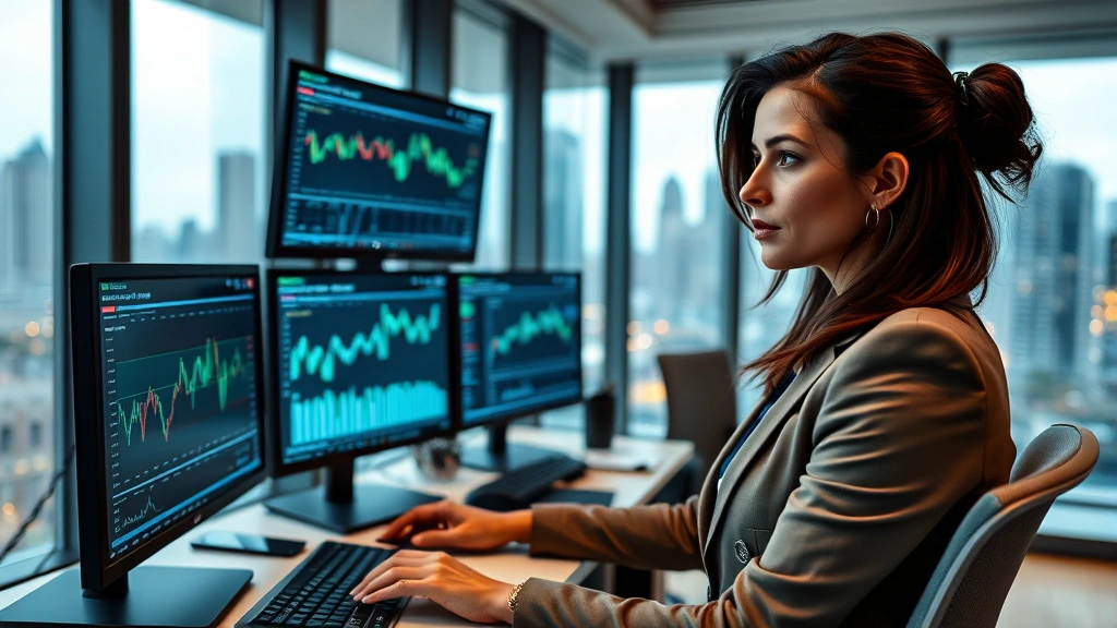 Professional female CEO in modern office reviewing equity market data on multiple screens, serious focused expression, corporate attire, contemporary workspace with city skyline visible through windows