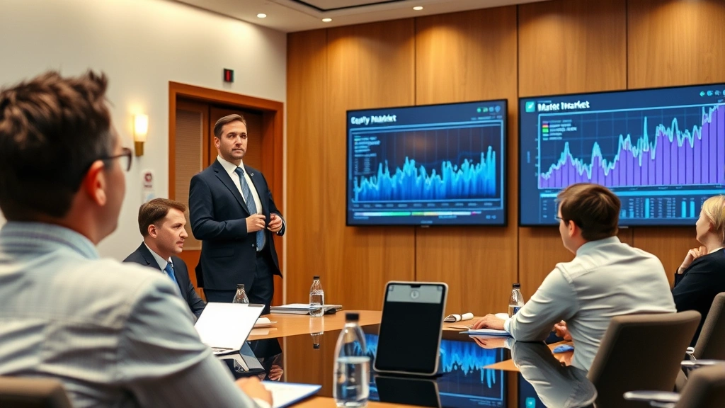Male executive presenting equity insurance market insights to institutional investors in formal boardroom, confident posture, professional presentation setup with data visualizations visible in background