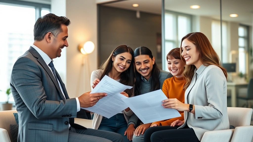 Professional insurance agent meeting with diverse family in modern office, reviewing policy documents, warm lighting, genuine discussion atmosphere, corporate setting
