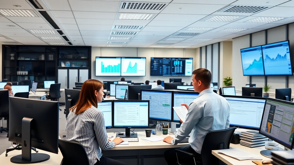 Modern insurance claims center with digital screens and organized workspace, professionals reviewing claims documents, professional environment emphasizing efficiency and organization