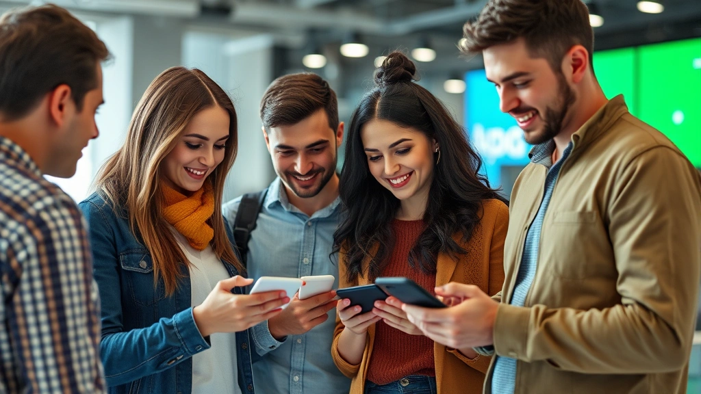 Diverse group of customers using mobile phone insurance app interface, checking policy details and claims status, contemporary technology-focused business environment