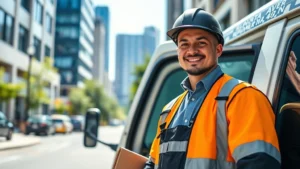 Professional delivery driver wearing safety gear standing beside a vehicle in urban neighborhood, bright daylight, confident expression, modern city street background