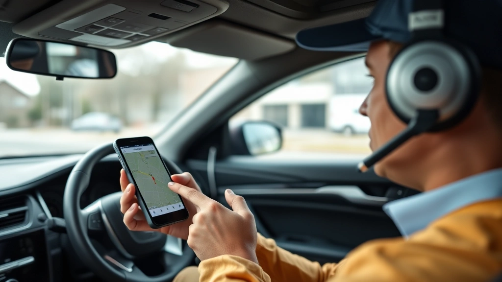 Close-up of delivery driver using smartphone app while safely parked in vehicle, focused on mobile screen showing delivery route, modern car interior, professional appearance