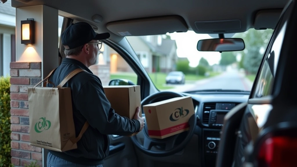 Delivery driver completing safe dropoff at residential entrance during daytime, using proper lighting and visible pathways, professional presentation, suburban setting