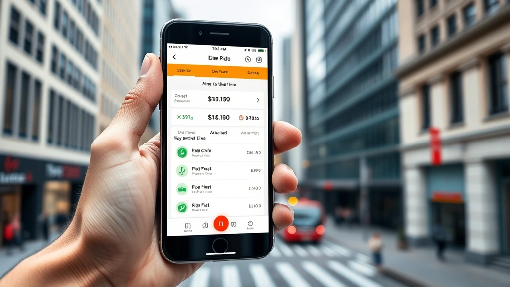 Professional mobile smartphone displaying a ride-hailing app interface with service options, pricing, and estimated arrival time displayed clearly, held by a hand against an urban city background with buildings and streets visible, modern corporate aesthetic