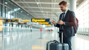 Professional business traveler with luggage waiting in modern airport terminal pickup zone, checking smartphone for rideshare status, contemporary airport architecture background, natural lighting, confident posture