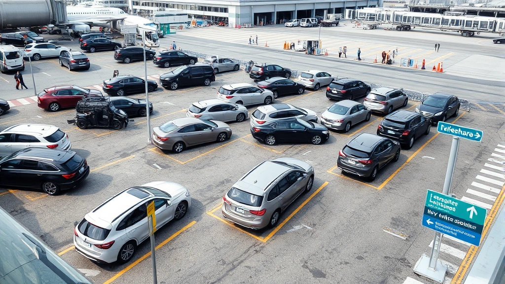 Airport ground transportation area with designated rideshare pickup lanes, multiple vehicles parked in organized queue system, clear directional signage visible, busy airport environment, professional atmosphere, daytime photography
