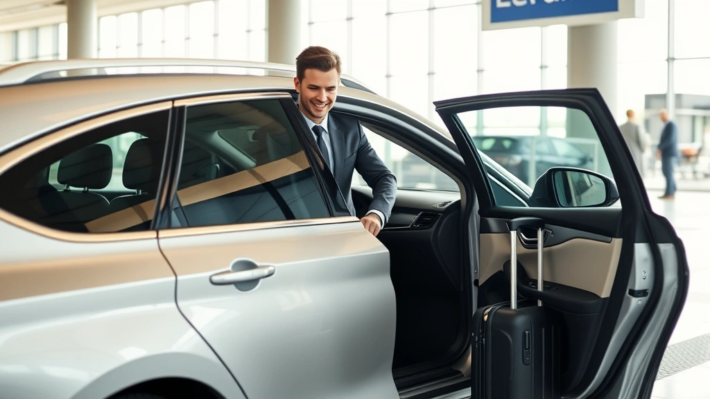 Young business professional entering silver sedan at airport departure level, driver assisting with luggage placement, modern vehicle interior visible, professional service interaction, natural lighting, trustworthy interaction dynamic