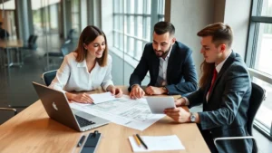 Professional event planner team reviewing venue layout and logistics checklist at modern conference table with laptop and tablet, natural office lighting, corporate setting