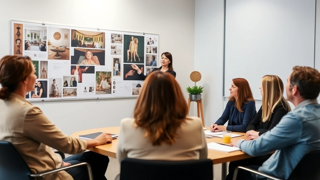 Event company project manager leading planning meeting with clients, reviewing mood boards and event design concepts on conference room wall, collaborative atmosphere