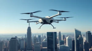 Professional aerial photograph of modern electric vertical takeoff aircraft in flight above urban cityscape with skyscrapers, clean blue sky, sleek futuristic aircraft design with multiple rotors, no text or labels visible, photorealistic corporate imagery