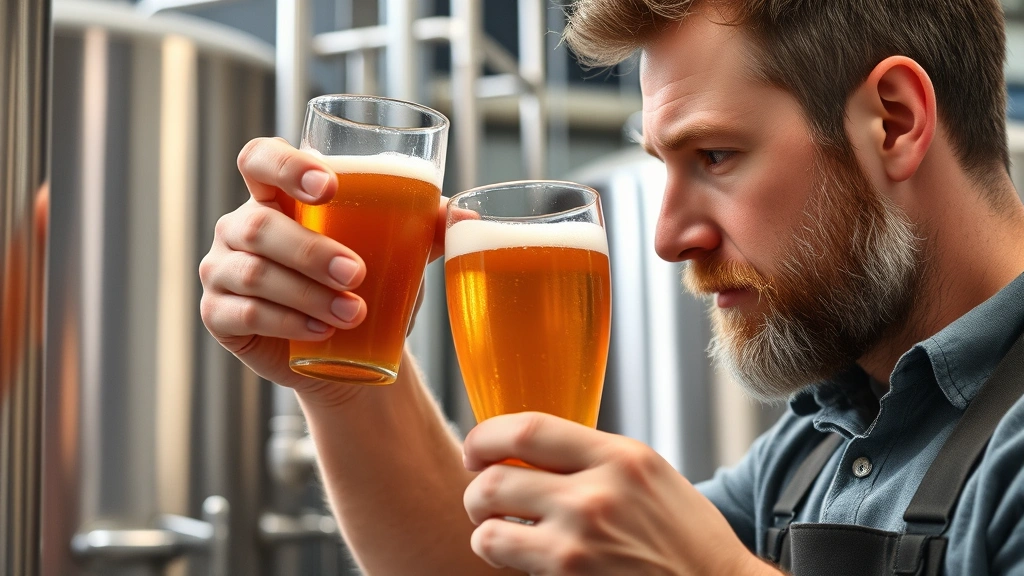 Craft brewery founder conducting quality inspection of freshly brewed beer in glass, examining color and clarity against light source, professional brewery setting