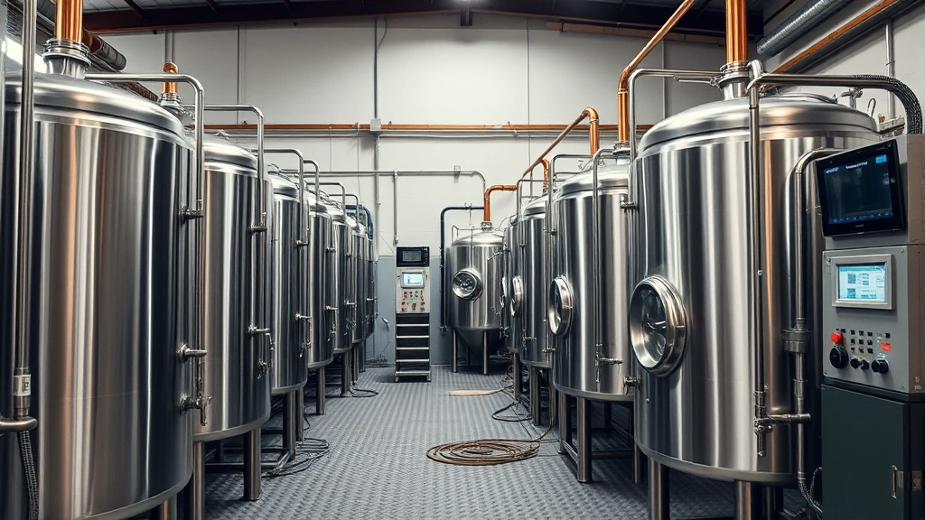 Craft brewery production floor with stainless steel fermentation tanks, copper brewing equipment, and quality control monitoring systems in operation