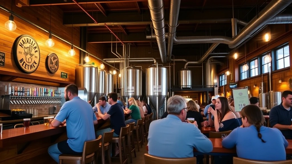 Brewery taproom interior with customers enjoying craft beer, wooden bar seating, warm lighting, and community gathering atmosphere