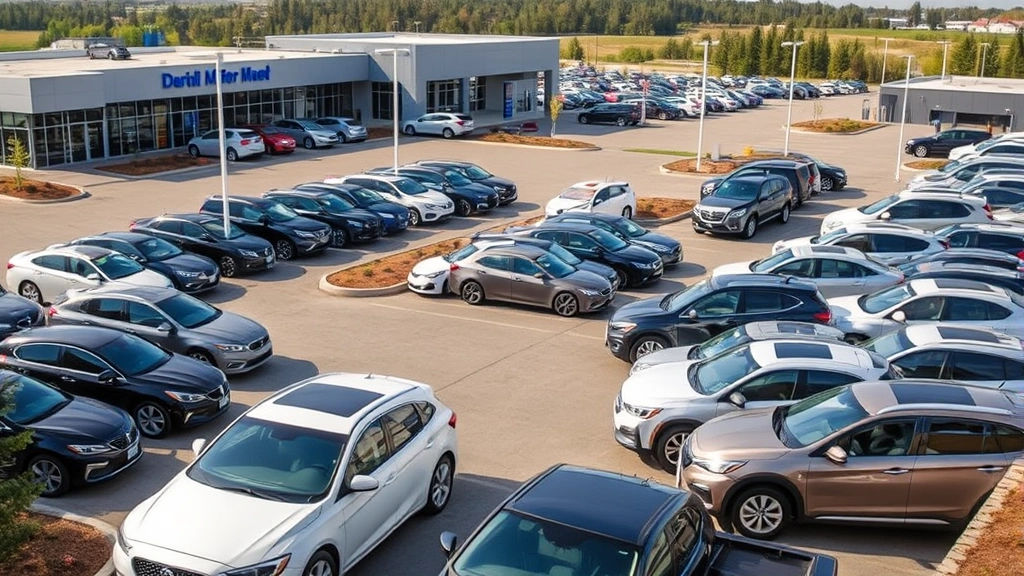 Professional rental car lot in Fargo North Dakota with diverse vehicle fleet parked in organized rows, modern dealership facility with clean landscaping, daytime bright lighting, multiple vehicle types visible including sedans and SUVs, no text or signage visible, corporate professional atmosphere