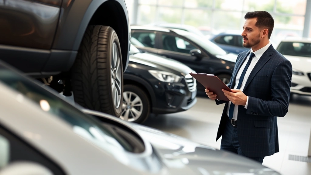 Business professional conducting vehicle inspection at car rental facility, checking tires and exterior condition, clipboard in hand, rental lot background with multiple vehicles, natural daylight, focused professional demeanor, no documents or text visible, practical business scenario