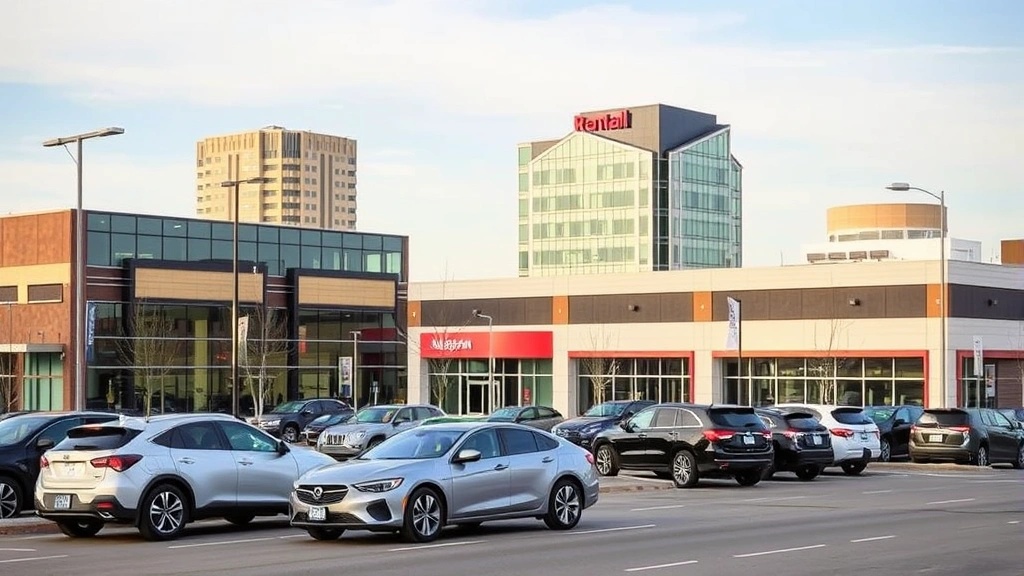 Modern Fargo downtown cityscape with rental car facility in background, professional business district architecture, multiple vehicles parked professionally, clear daytime lighting, no visible signage or text, representing regional business environment and transportation infrastructure