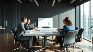 Professional business executives and team leaders collaborating around modern minimalist conference table in contemporary office environment, discussing strategic organizational framework, natural daylight, serious professional atmosphere