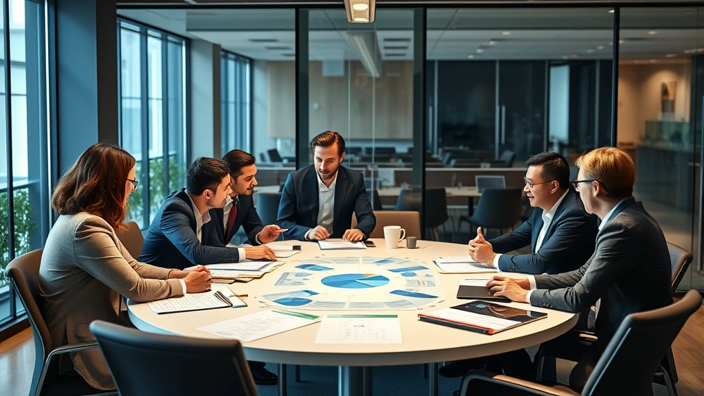 Executive team collaborating around modern conference table discussing integrated business strategy and organizational framework implementation, diverse professionals engaged in strategic discussion, modern office setting