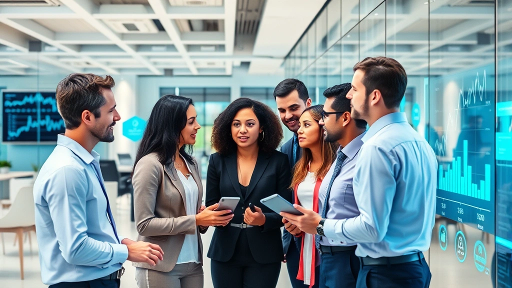 Diverse business professionals collaborating in modern open office space with transparent glass walls and digital displays showing real-time performance metrics, cross-functional teams working together, bright contemporary workspace