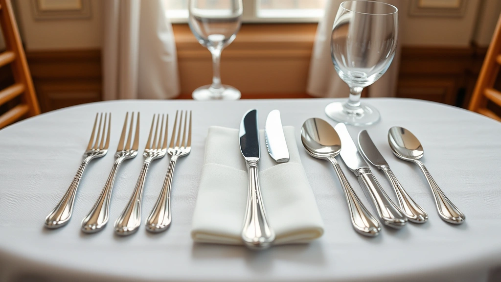 Elegant silver flatware set arranged on white tablecloth with formal place setting, professional product photography, luxury tableware display, natural lighting highlighting metallic surfaces