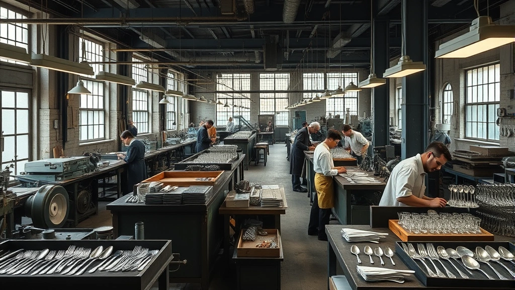 Vintage manufacturing workshop interior with skilled craftspeople at workstations, industrial silverware production equipment, quality control inspection of finished pieces, historic factory atmosphere