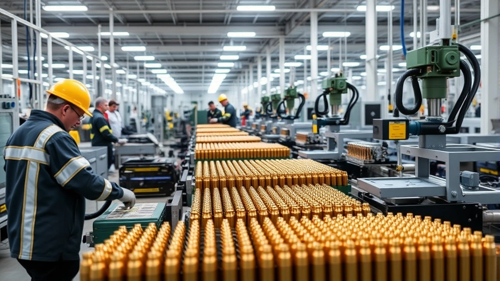Professional ammunition manufacturing facility with precision machinery, workers in safety gear operating automated cartridge production equipment, industrial setting with organized workstations and quality control stations, bright professional lighting