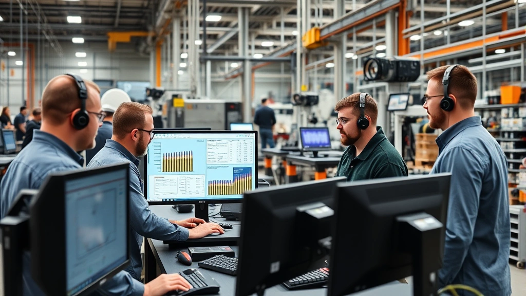 Diverse team of manufacturing engineers and quality assurance professionals reviewing ammunition production data on computer screens in modern industrial facility, collaborative workplace environment with technical equipment and monitoring systems