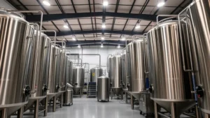 Modern craft brewery interior with stainless steel fermentation tanks, professional lighting, and clean production floor showcasing advanced manufacturing equipment