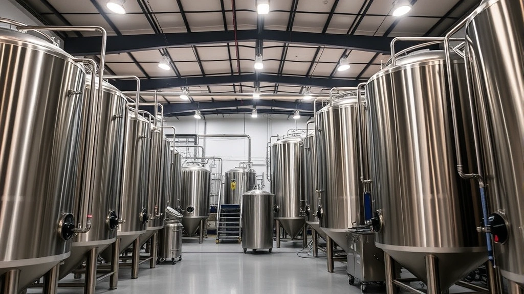 Modern craft brewery interior with stainless steel fermentation tanks, professional lighting, and clean production floor showcasing advanced manufacturing equipment